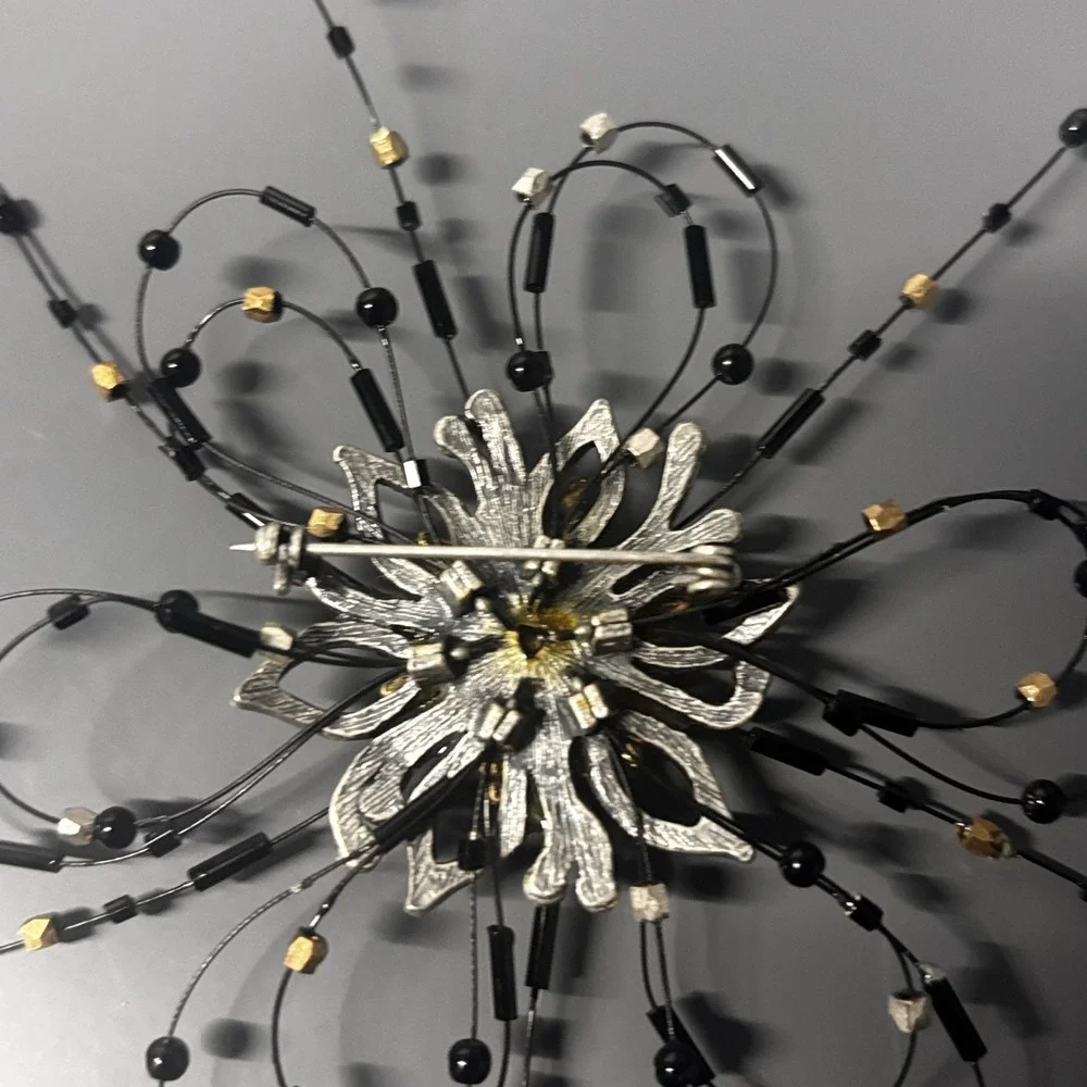 Large‎ Statement Flower Starburst Brooch Pin Black Rhinestone Beaded Silver Tone